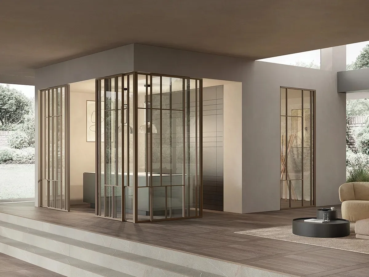 A glass partition in a bronze profile