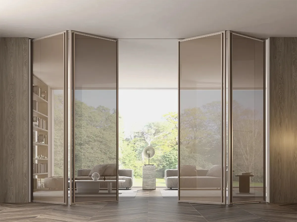 Folding glass partitions