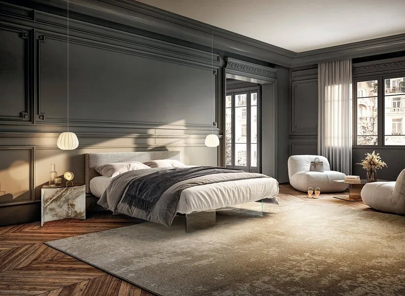 A headboard and wall mouldings