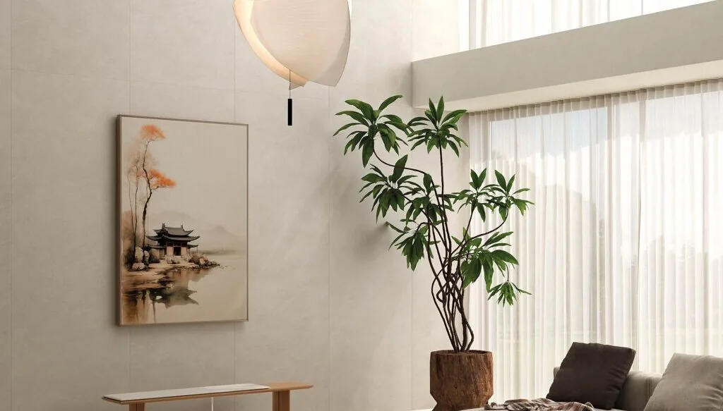 A living room with a mural and a door to the garden