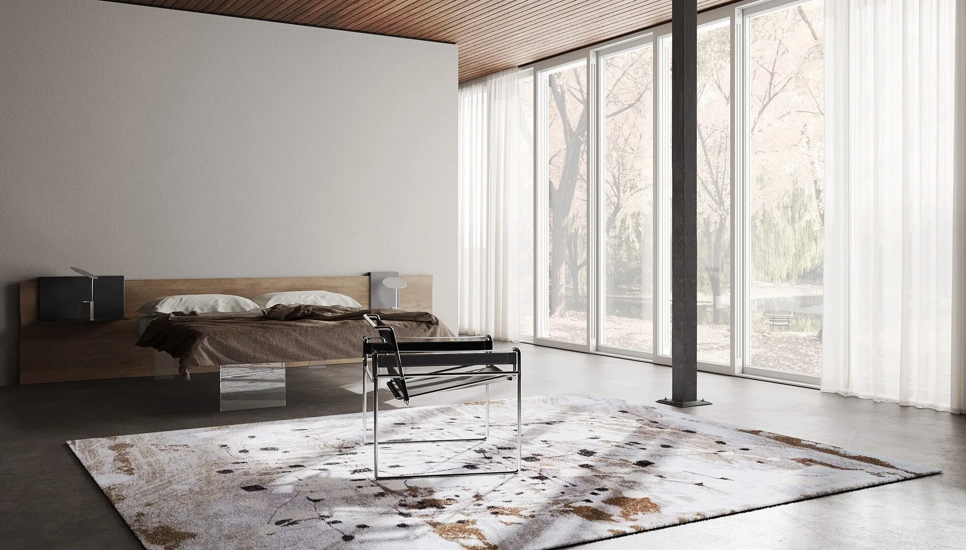 A bedroom with full-wall glazing