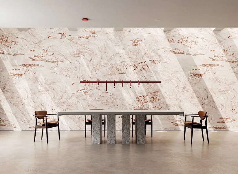 A mural behind a long table