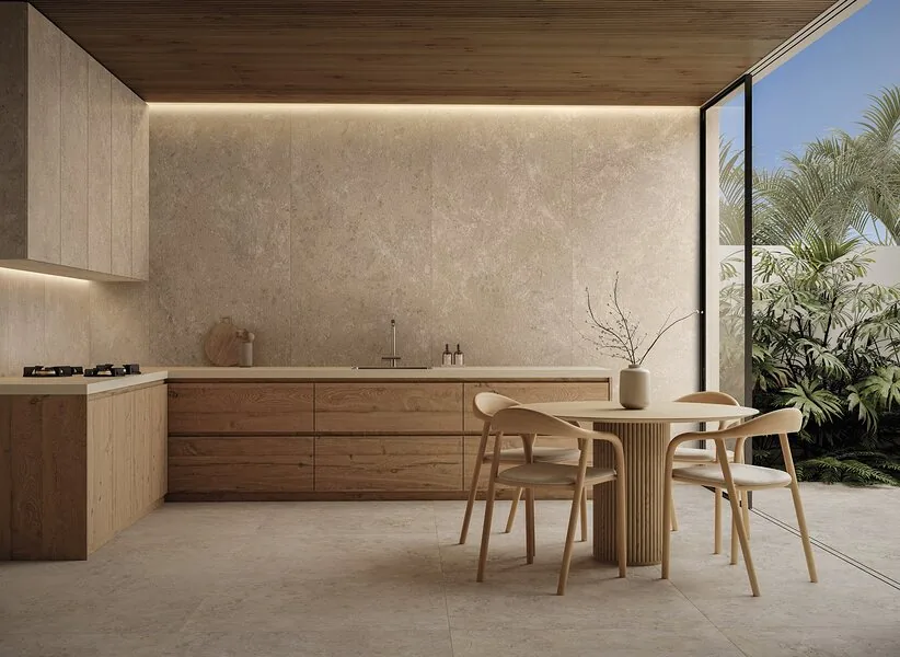 A single-run kitchen and a dining area