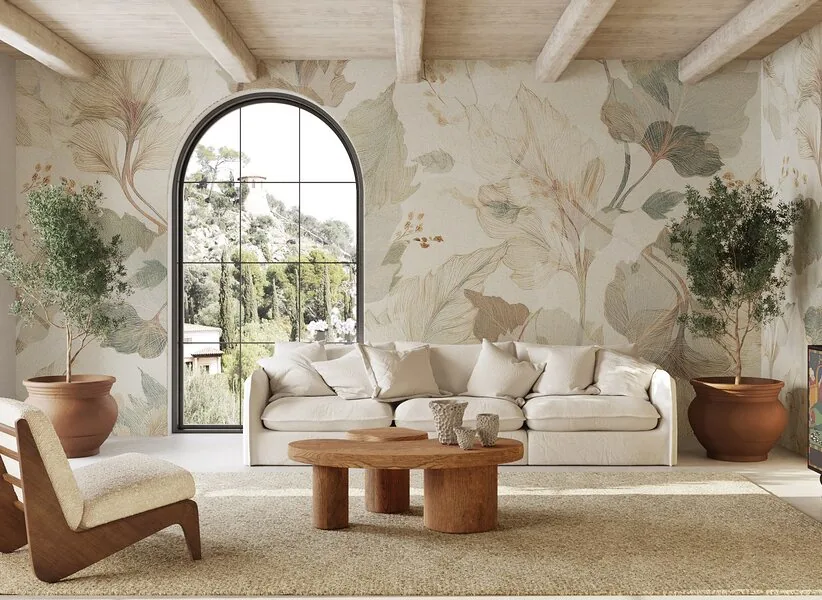 A full-wall mural and arched windows