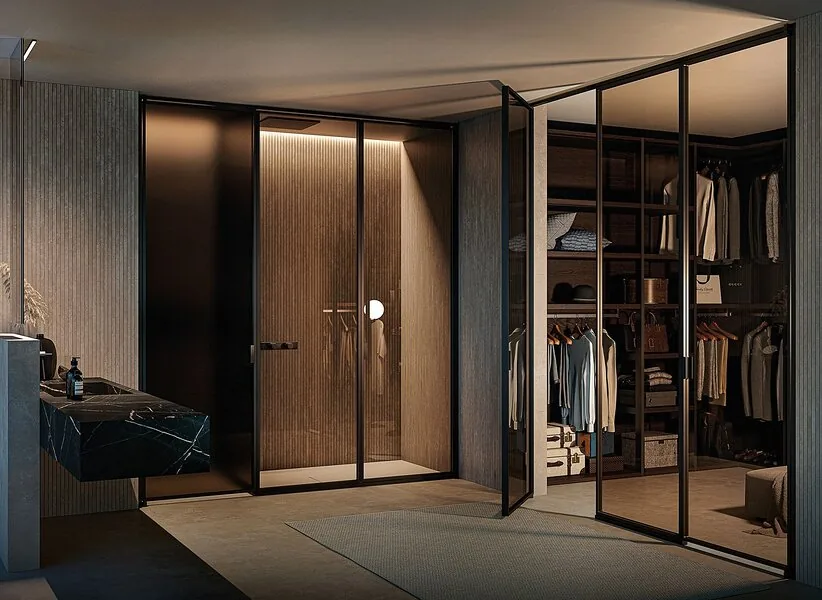 A dressing room behind glass doors