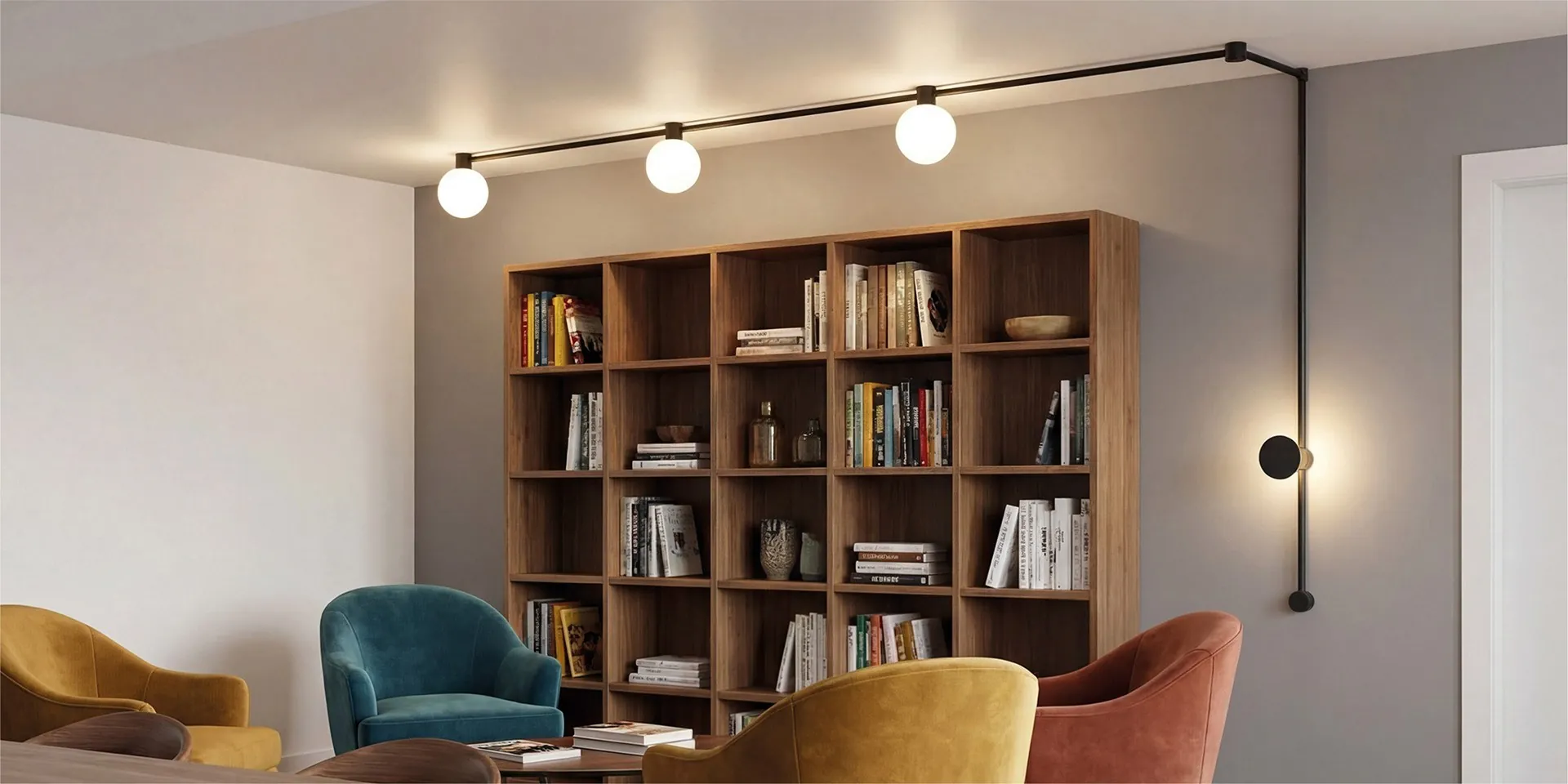 Sistema de carril Easy Link de ACB con pantallas esféricas sobre una librería