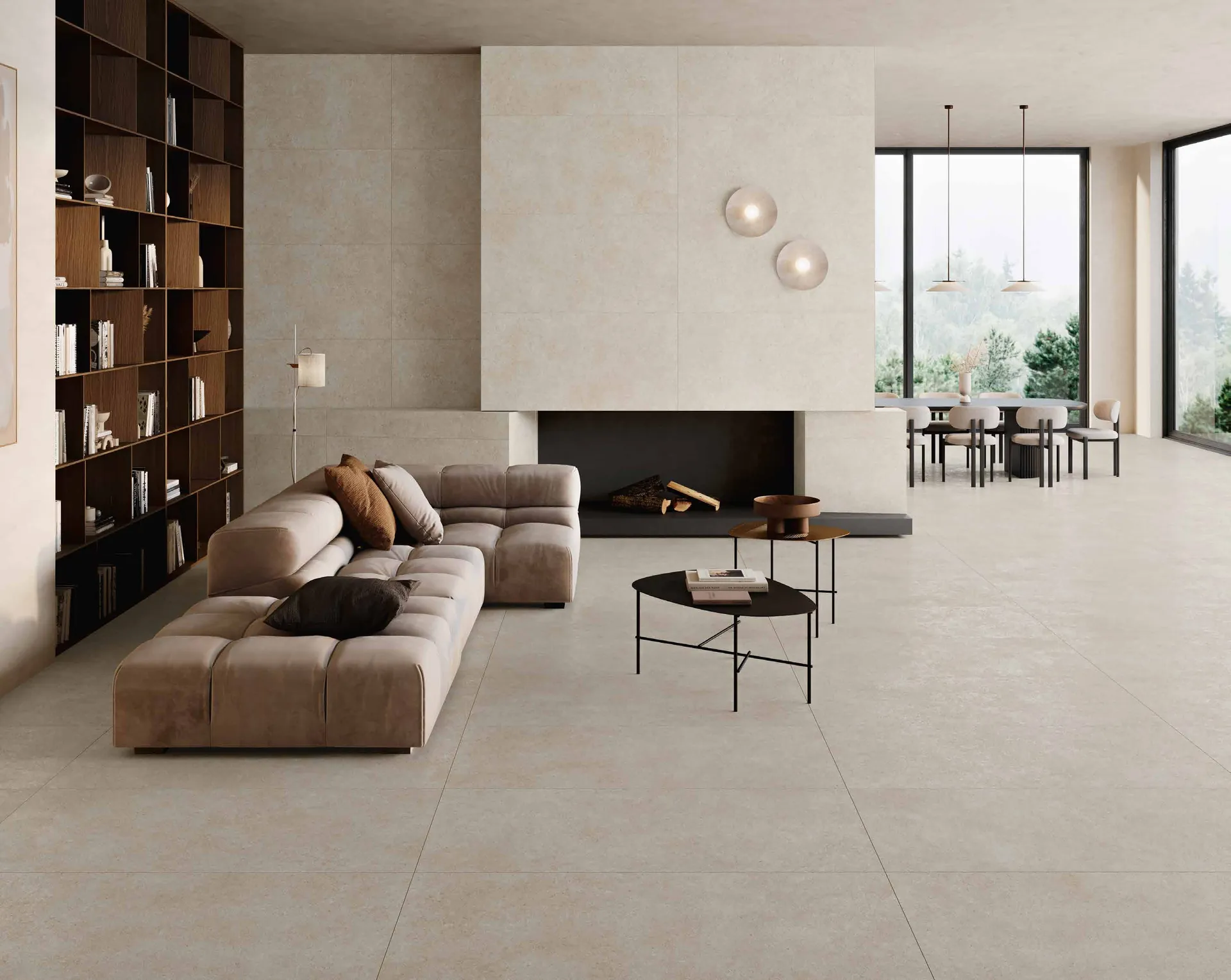 Salón con baldosa Lomma Bone de 75×150 cm en suelo y pared