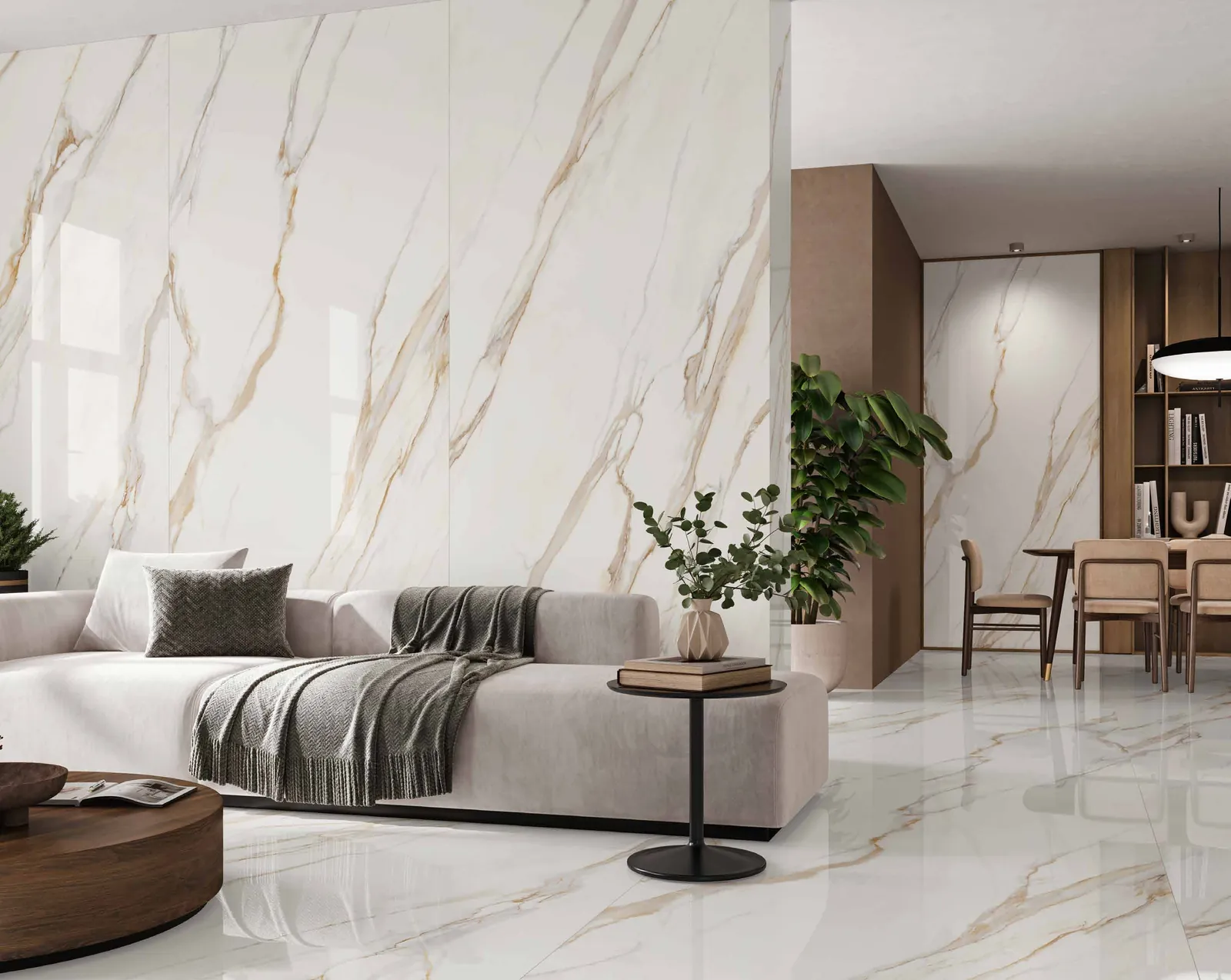 Classic Gold: placas pulidas MAXITECH de 120×280 cm en pared y suelo.