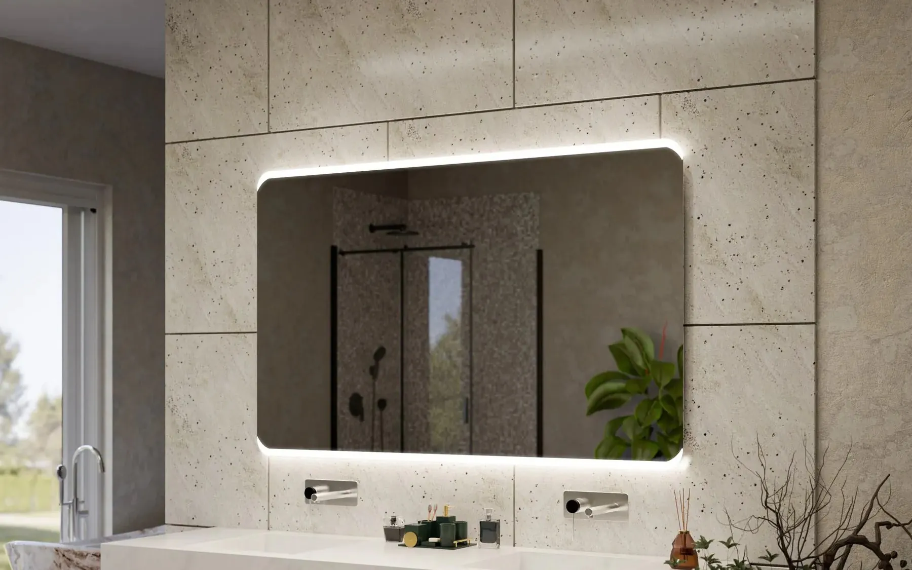 Espejo Alasta rectangular con luz perimetral sobre un lavabo