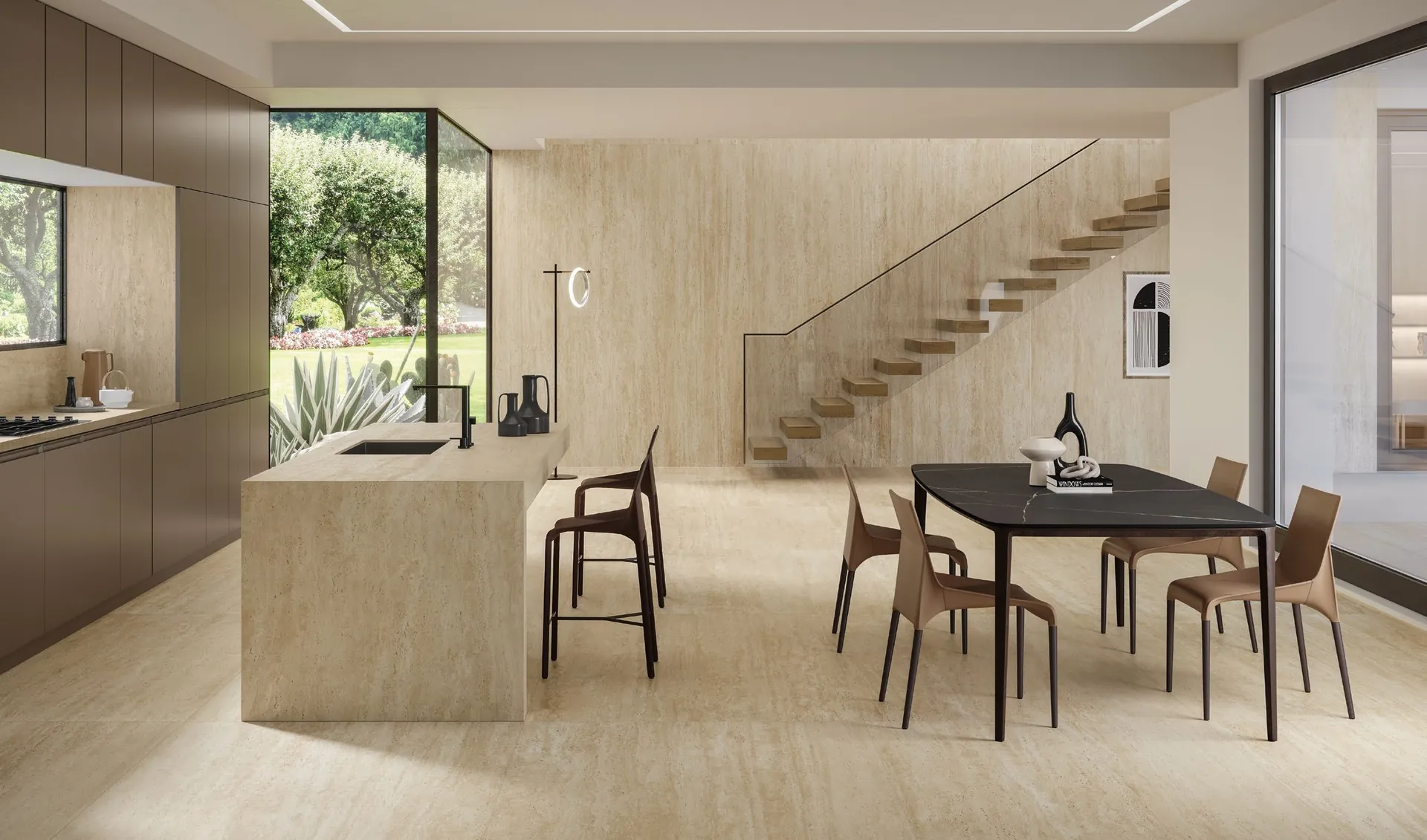 Cocina y comedor con suelo y paredes Marvel Travertine de Atlas Concorde