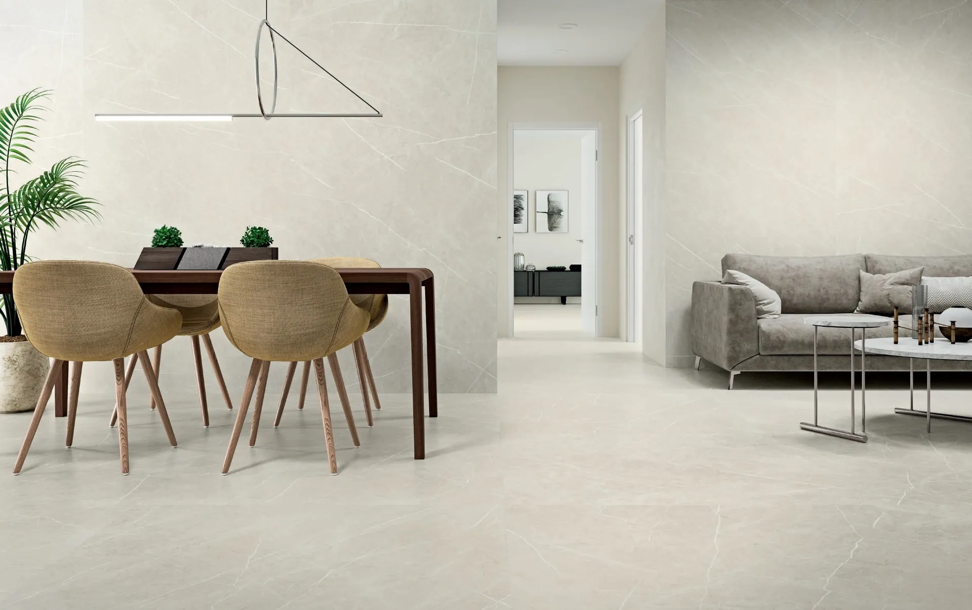 Salón con suelo y paredes de placas B|Plus Eternal Cream de Baldocer