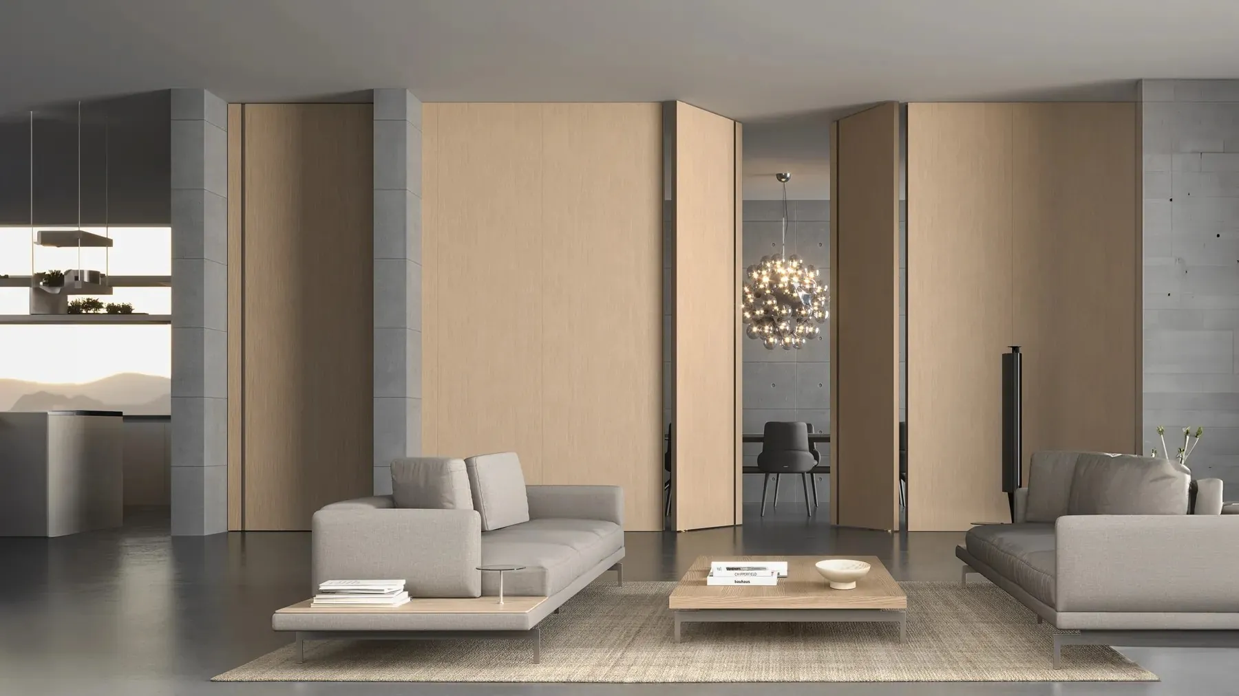 Paneles de pared Barausse con puertas pivotantes en un salón