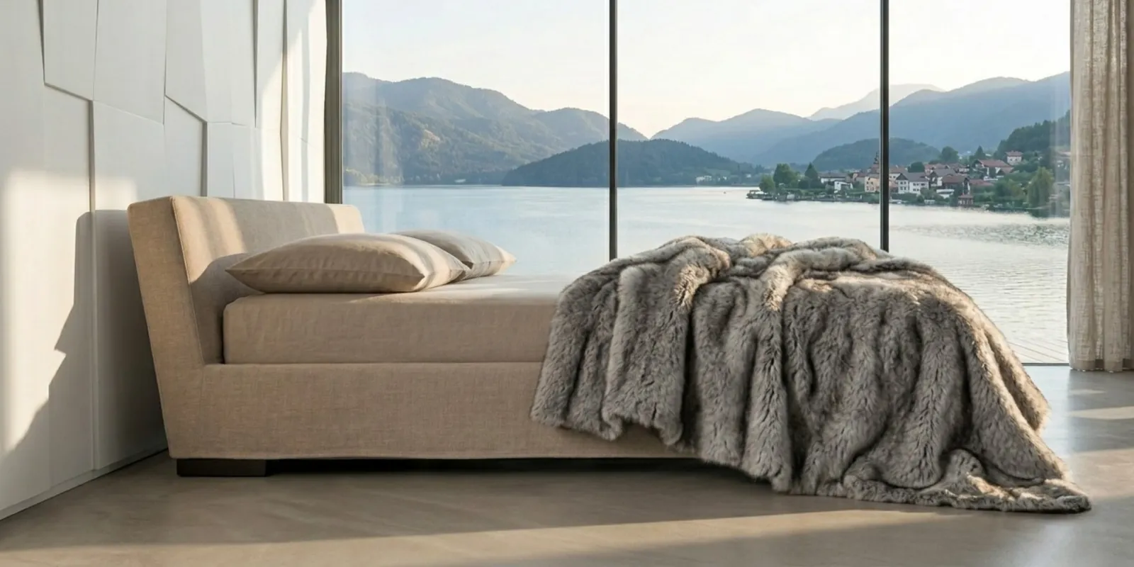 Cama de Casamilano con cabecero tapizado junto a un ventanal.