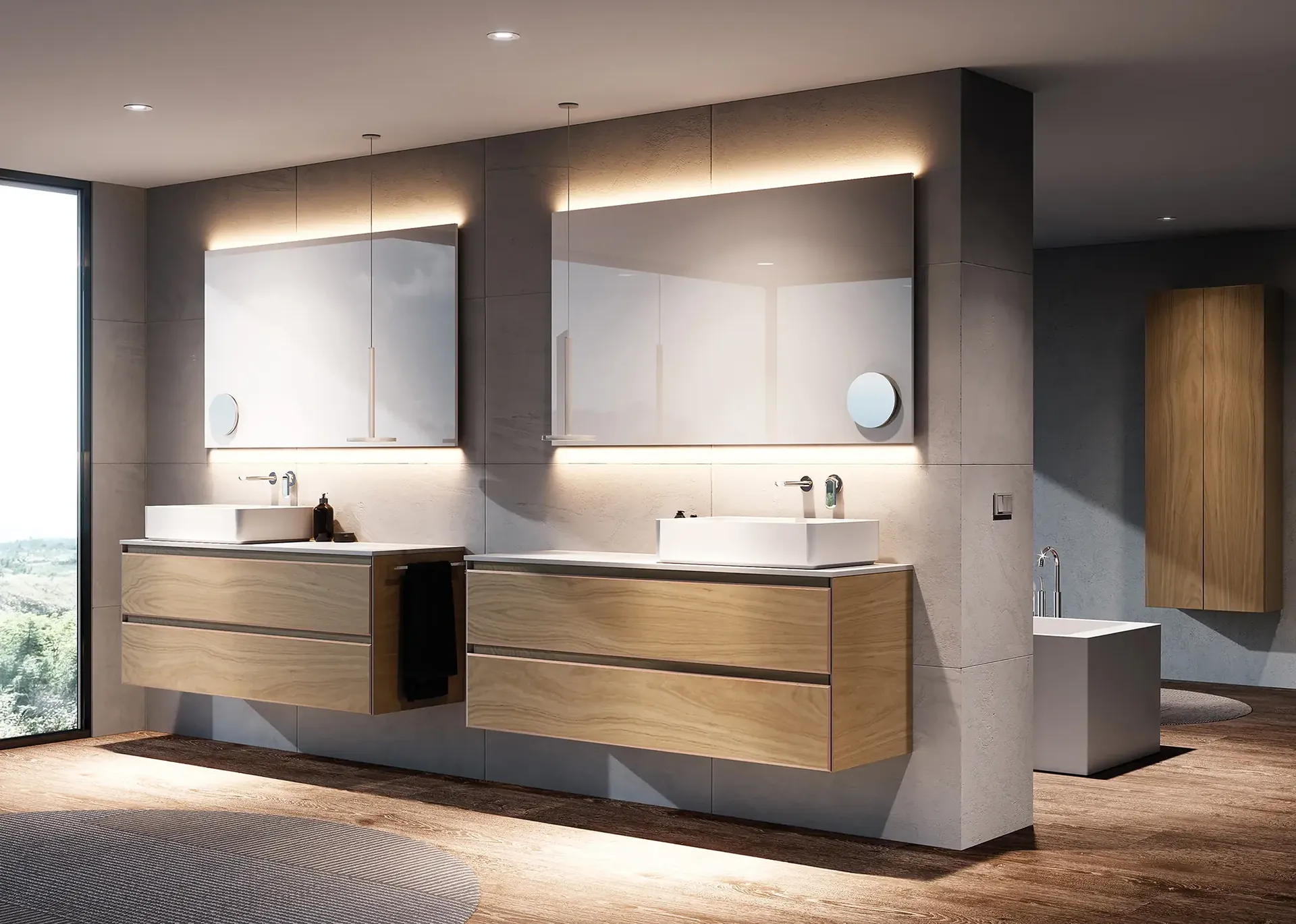 Dos muebles de lavabo de madera junto a un tabique