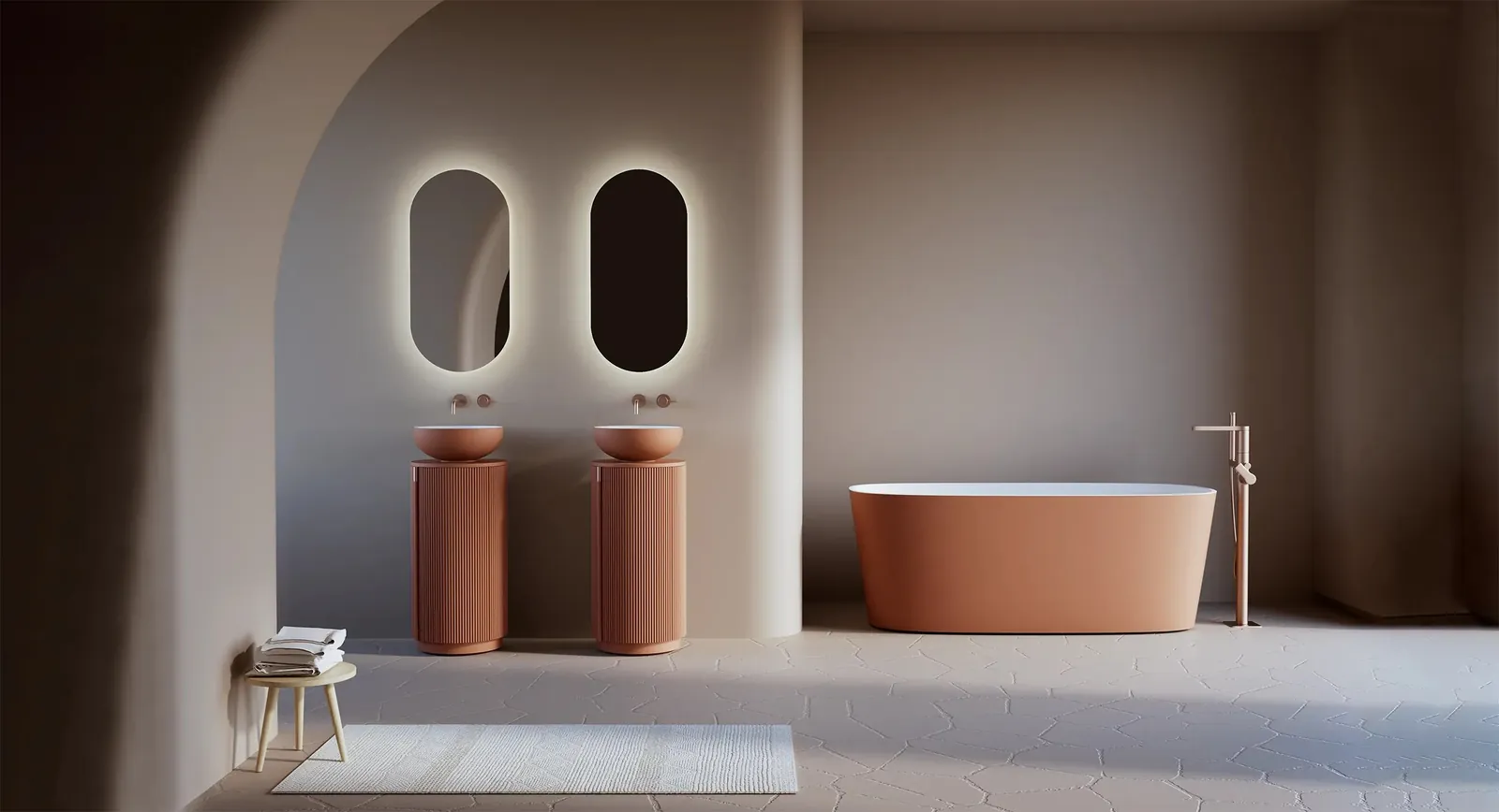 Decosan: dos lavabos de columna y bañera color terracota