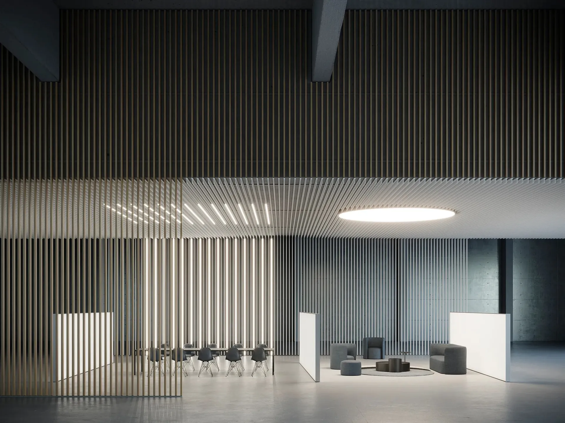 Listones Dresswall Stripes en la pared y el techo de una sala con luz integrada