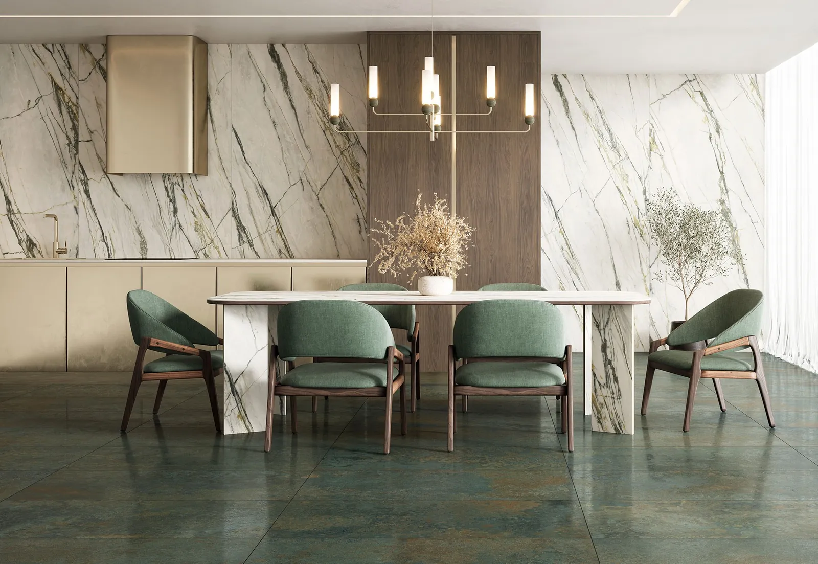 Comedor con una pared de placas Durslab Calacata Sapphire.
