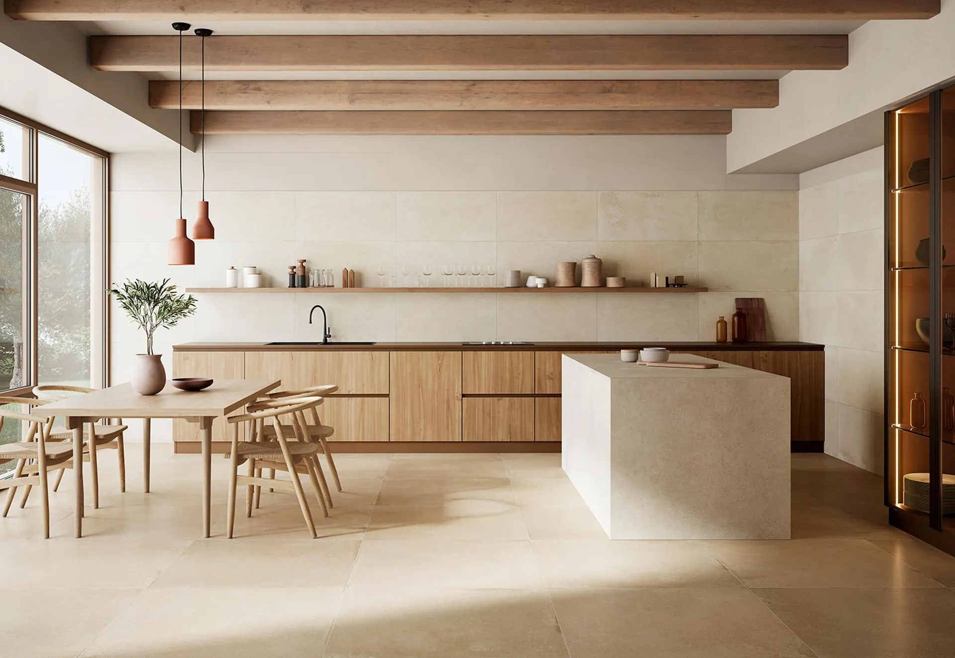 Cocina-comedor con suelo y paredes de porcelánico Durstone