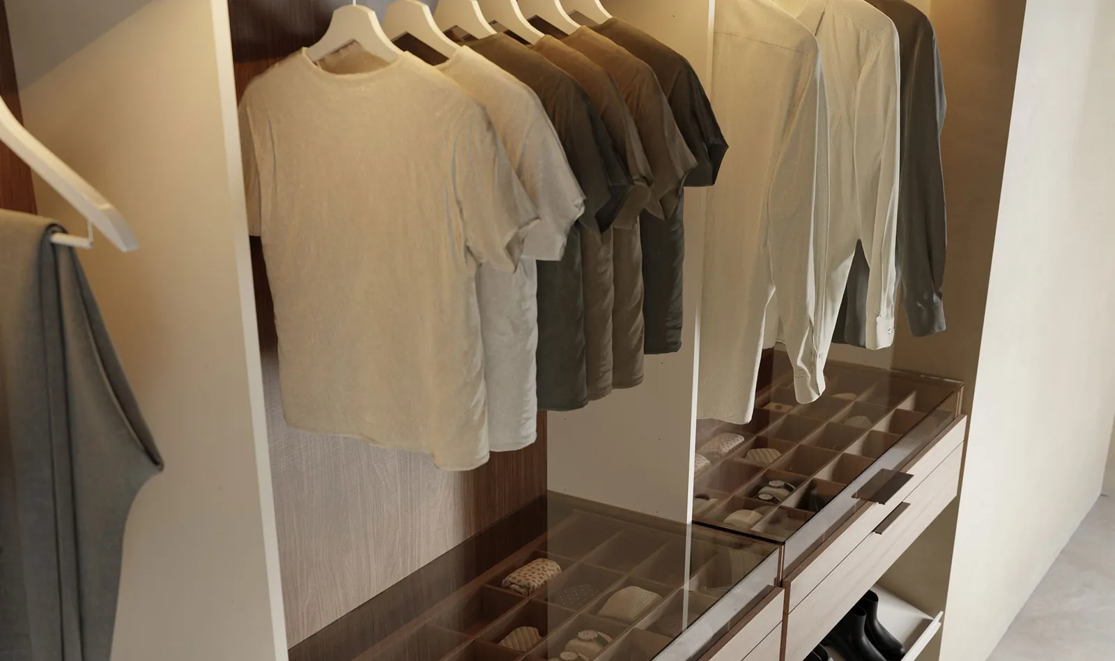 Vestidor eMeDe: barra, cajones con tapa de cristal y balda para zapatos.