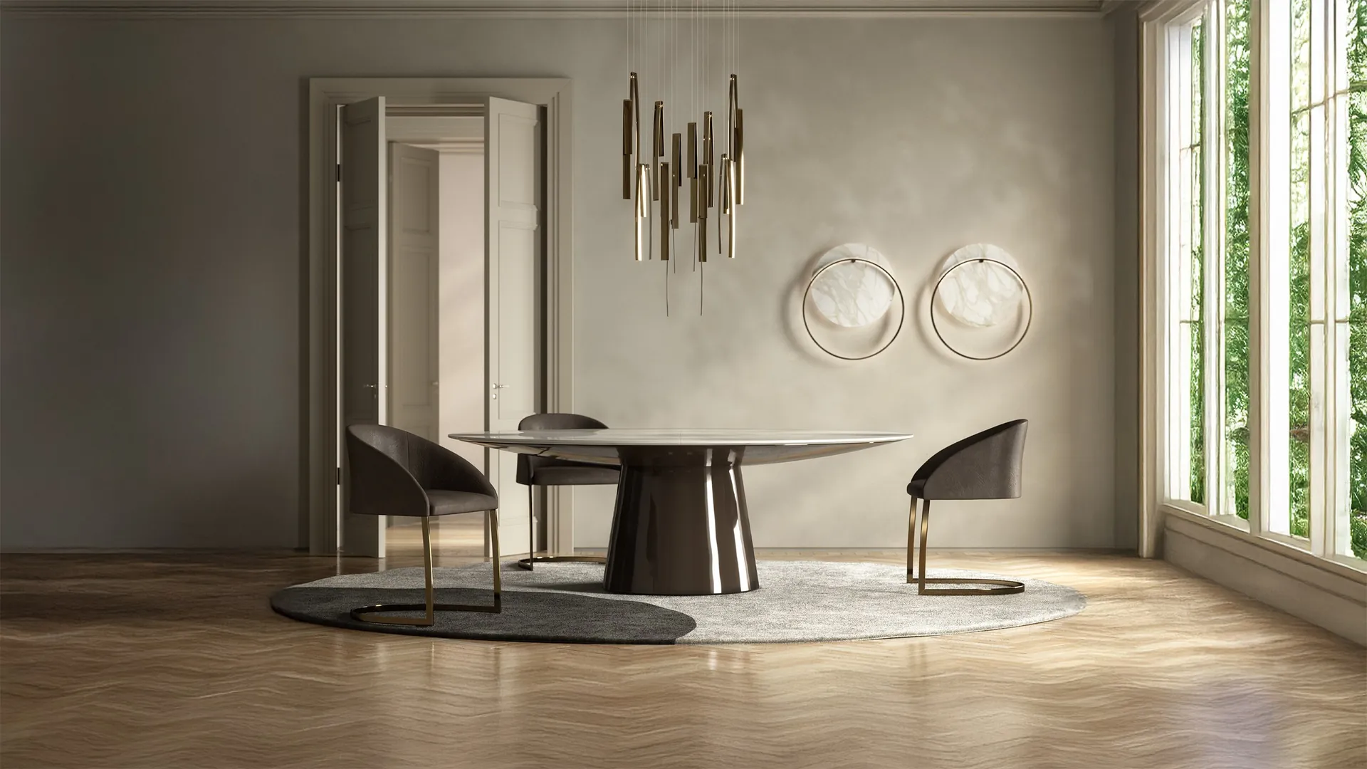 Mesa de comedor redonda y sillones Emmemobili en una estancia con parquet