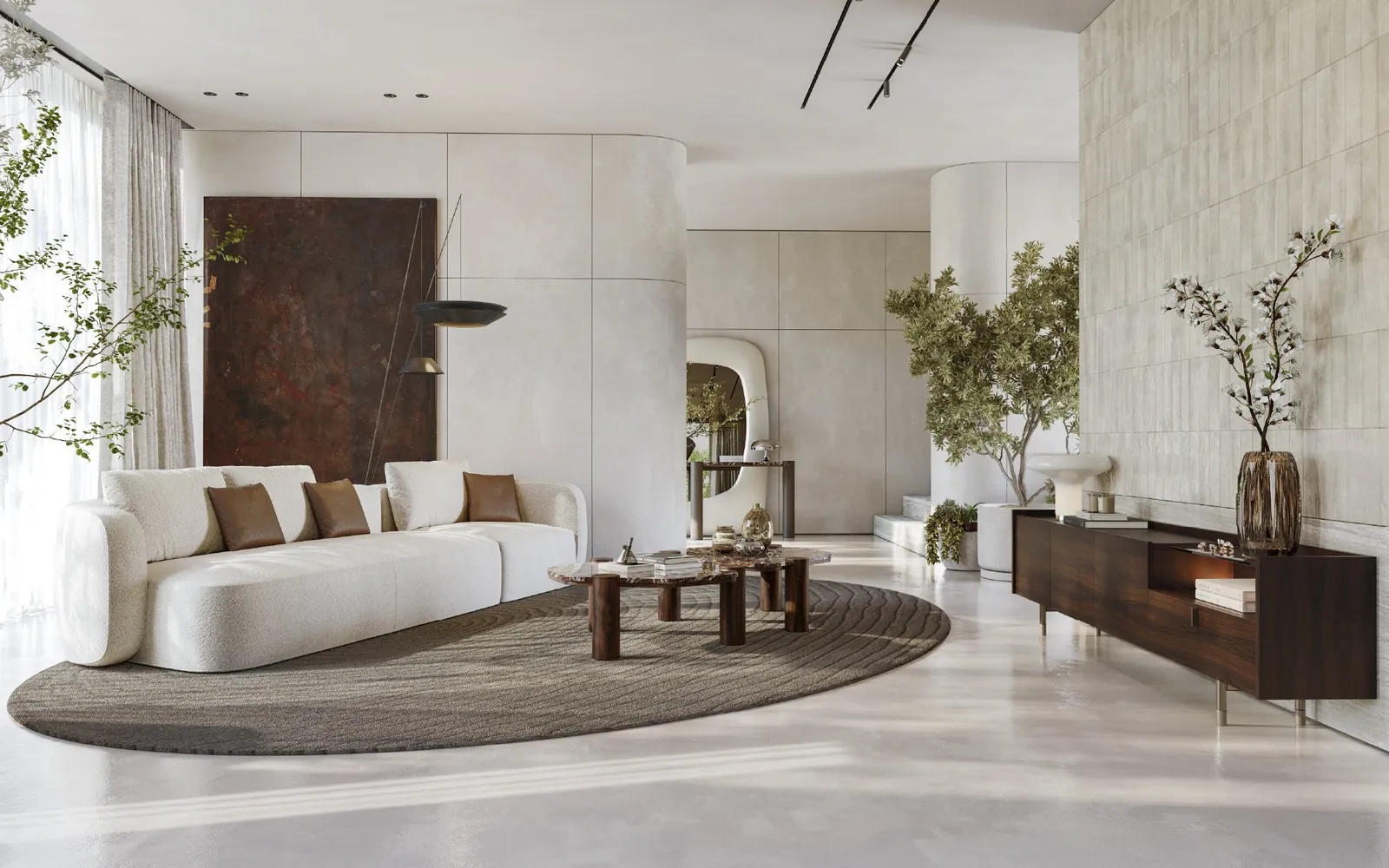 Salón Blanc: sofá, mesas de centro y aparador.