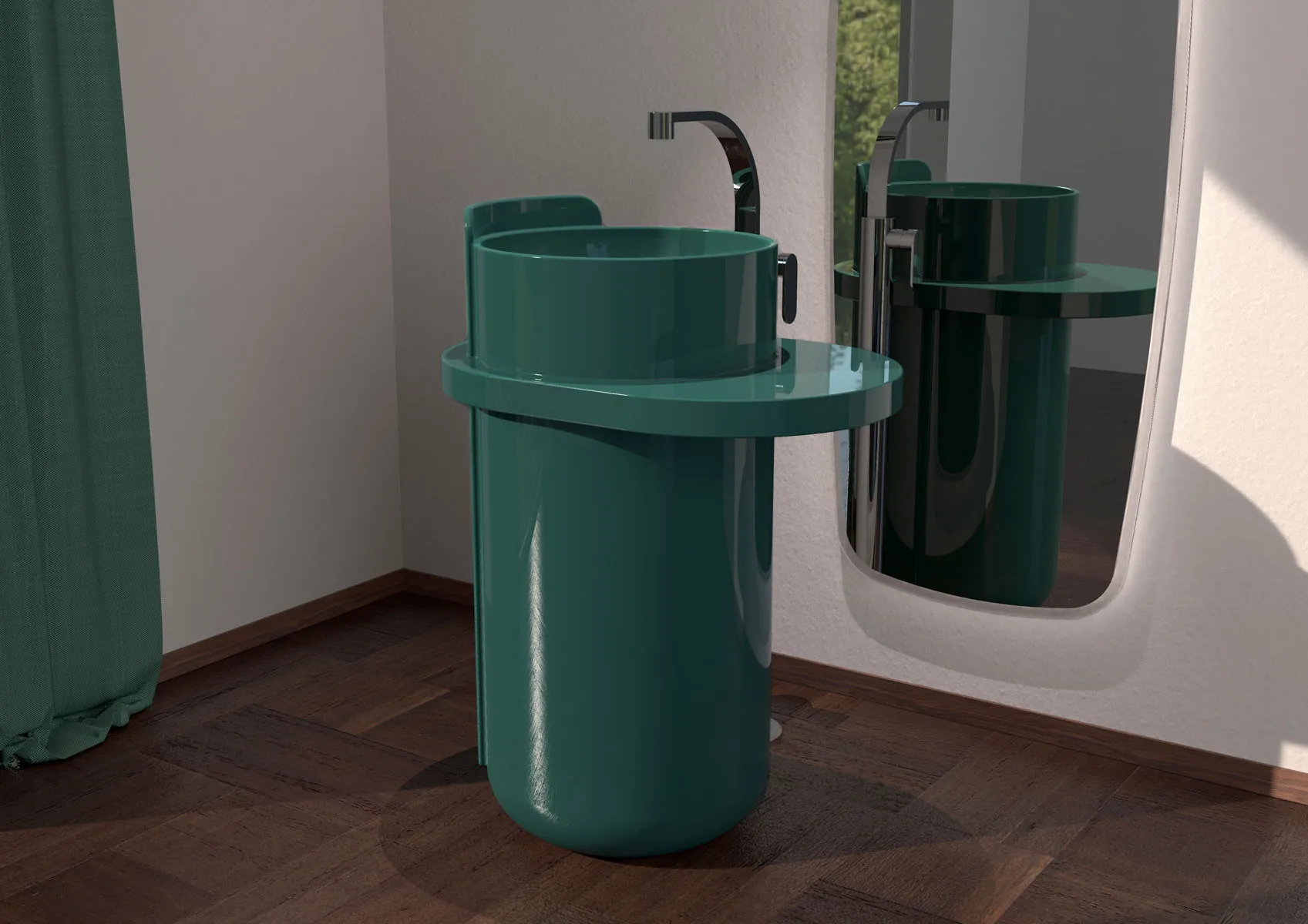 Lavabo de columna de cerámica verde esmeralda en un baño