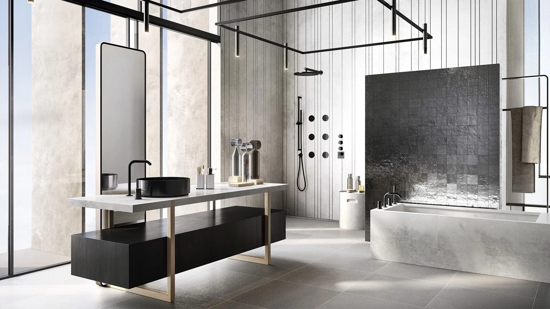 Baño con grifería y ducha Gessi316 en acabado negro