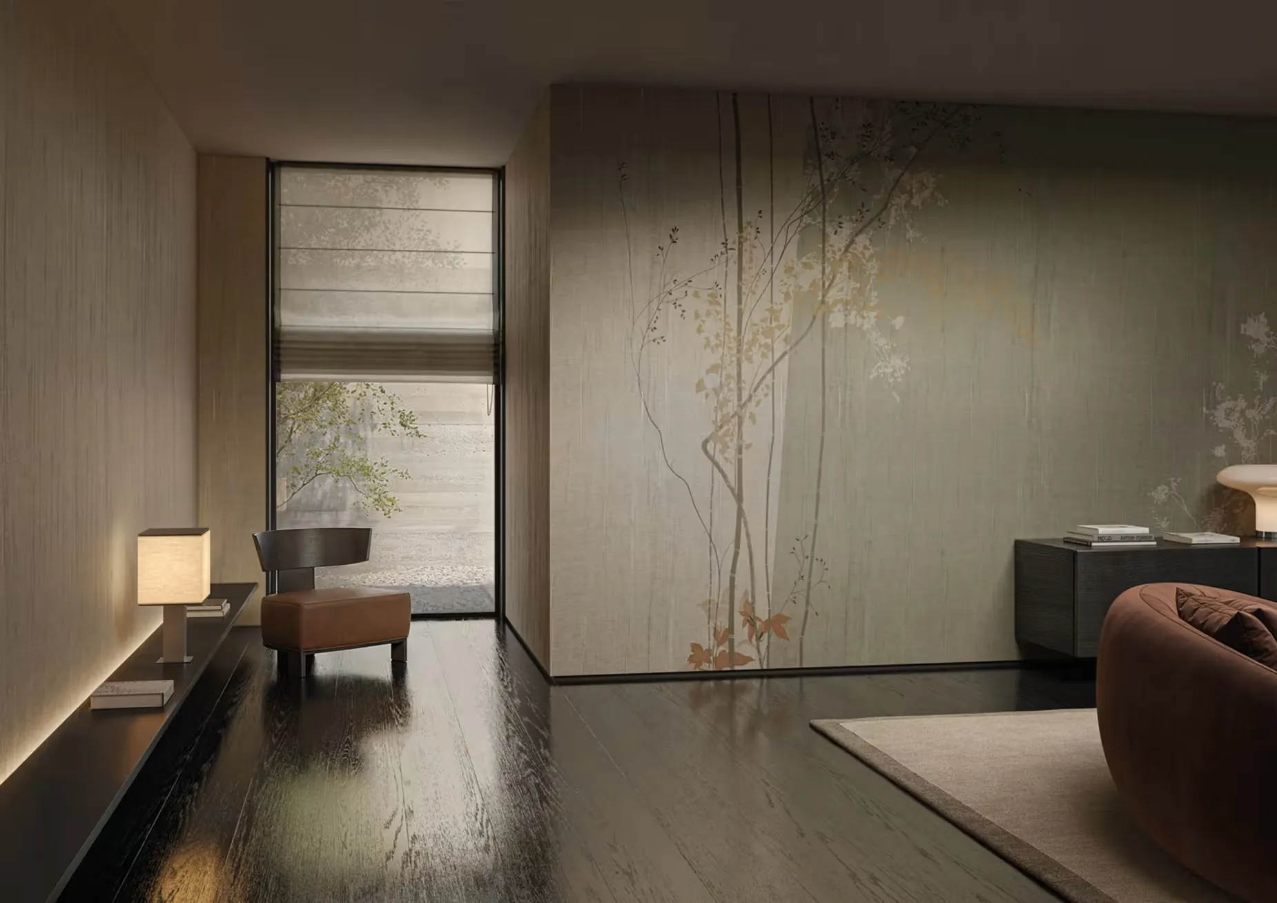 Salón con papel Vespera: ramas claras sobre lino