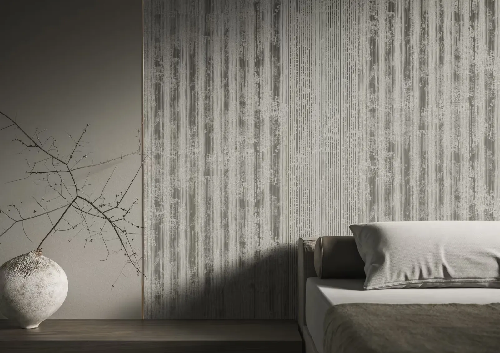 Colección Tramae sobre GlamOrigin: relieve de arena de cuarzo en la pared de un dormitorio.