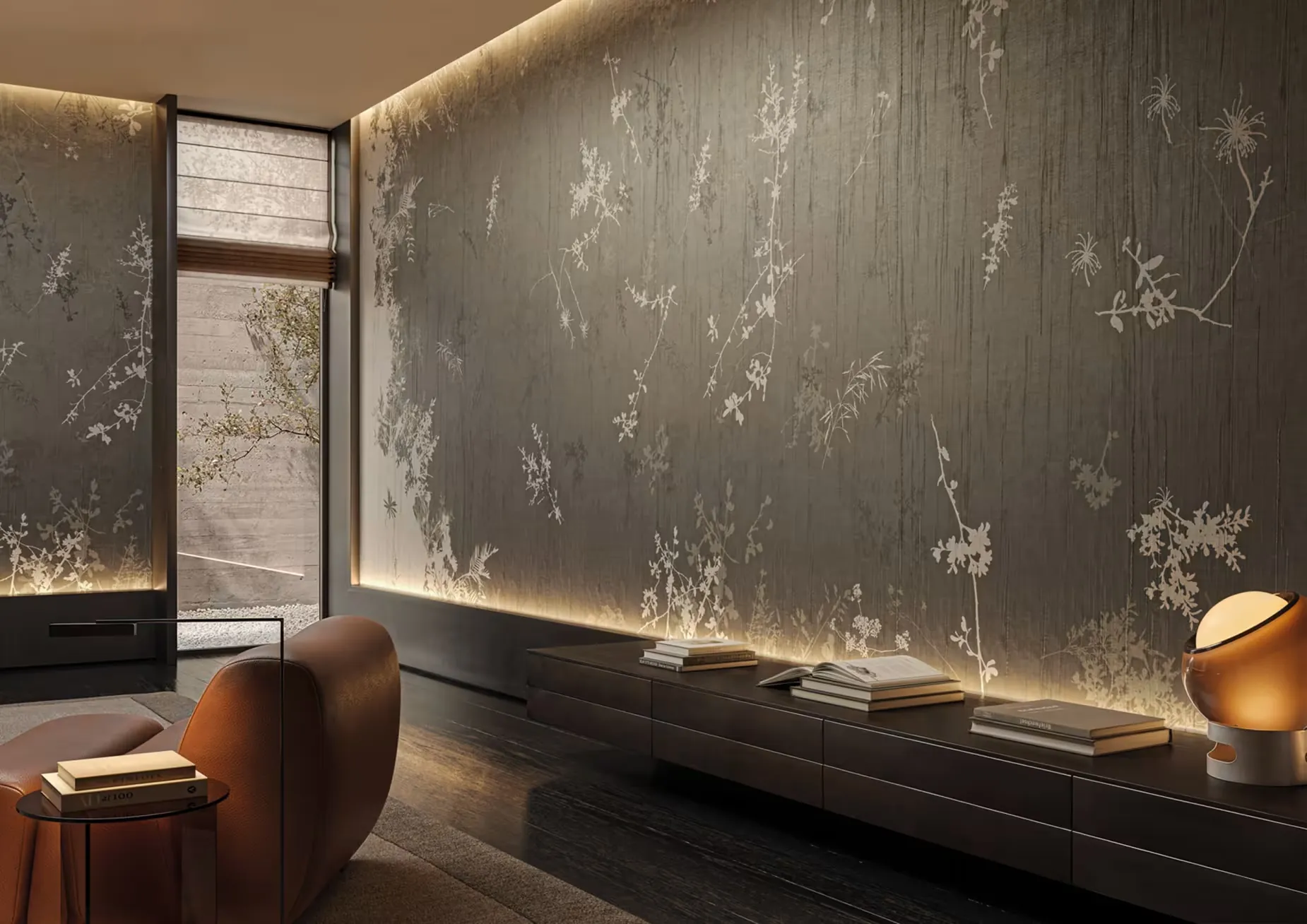 Papel pintado Glamora Vespera de lino plisado en un salón con luz indirecta