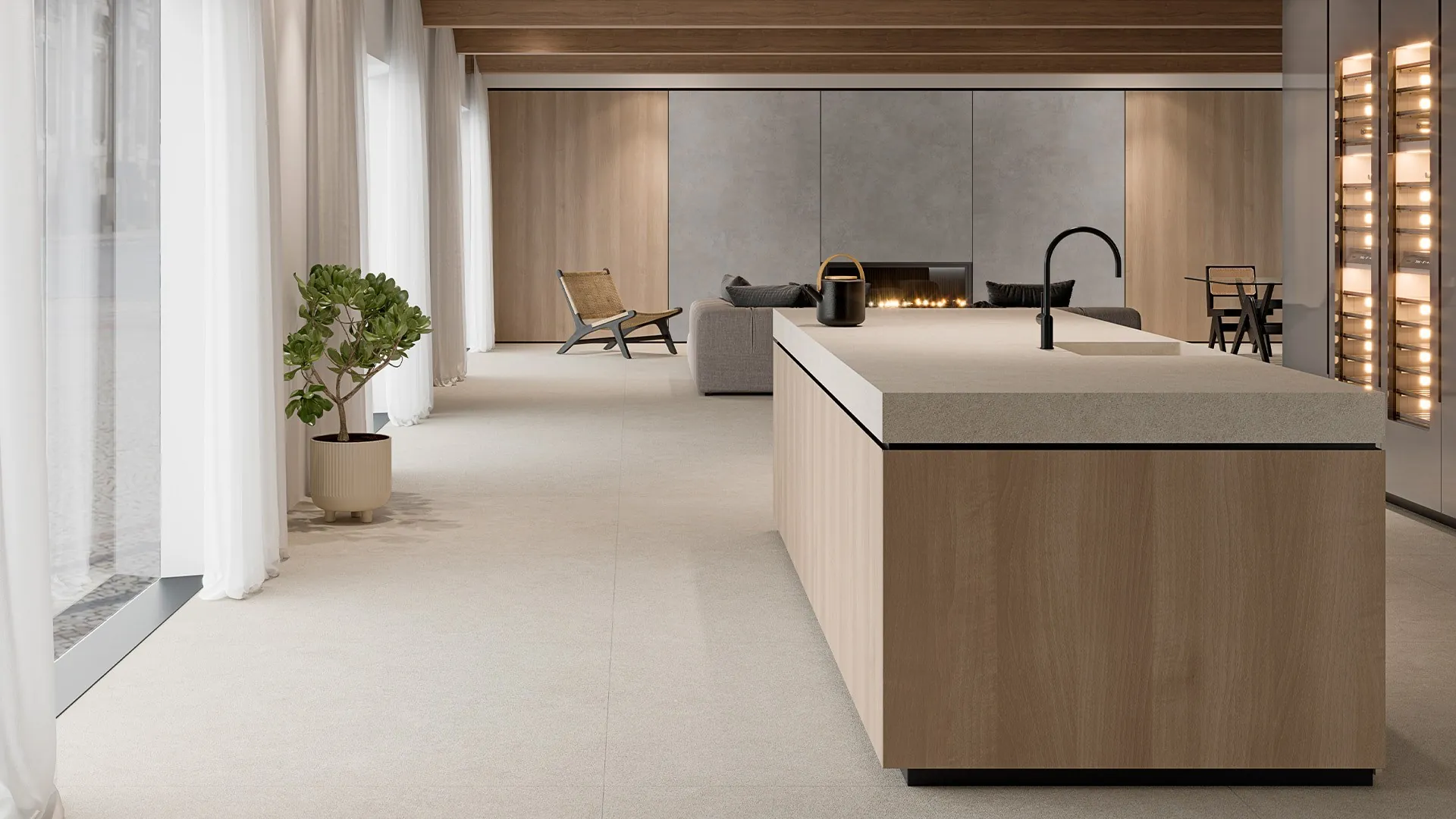 Isla de cocina con encimera Inalco MDi Induction en un salón