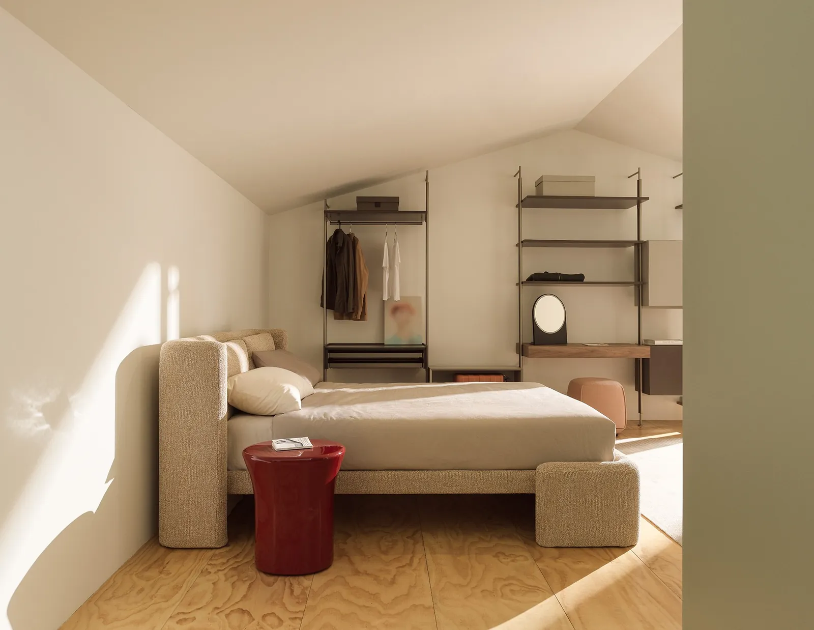 Cama Dimora de Cristina Celestino en un dormitorio abuhardillado.