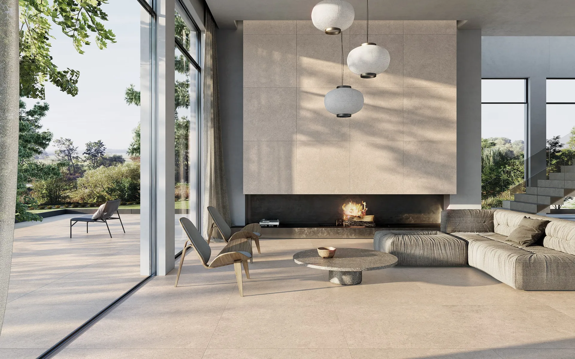 Salón con suelo y chimenea de porcelánico Cluny de Peronda