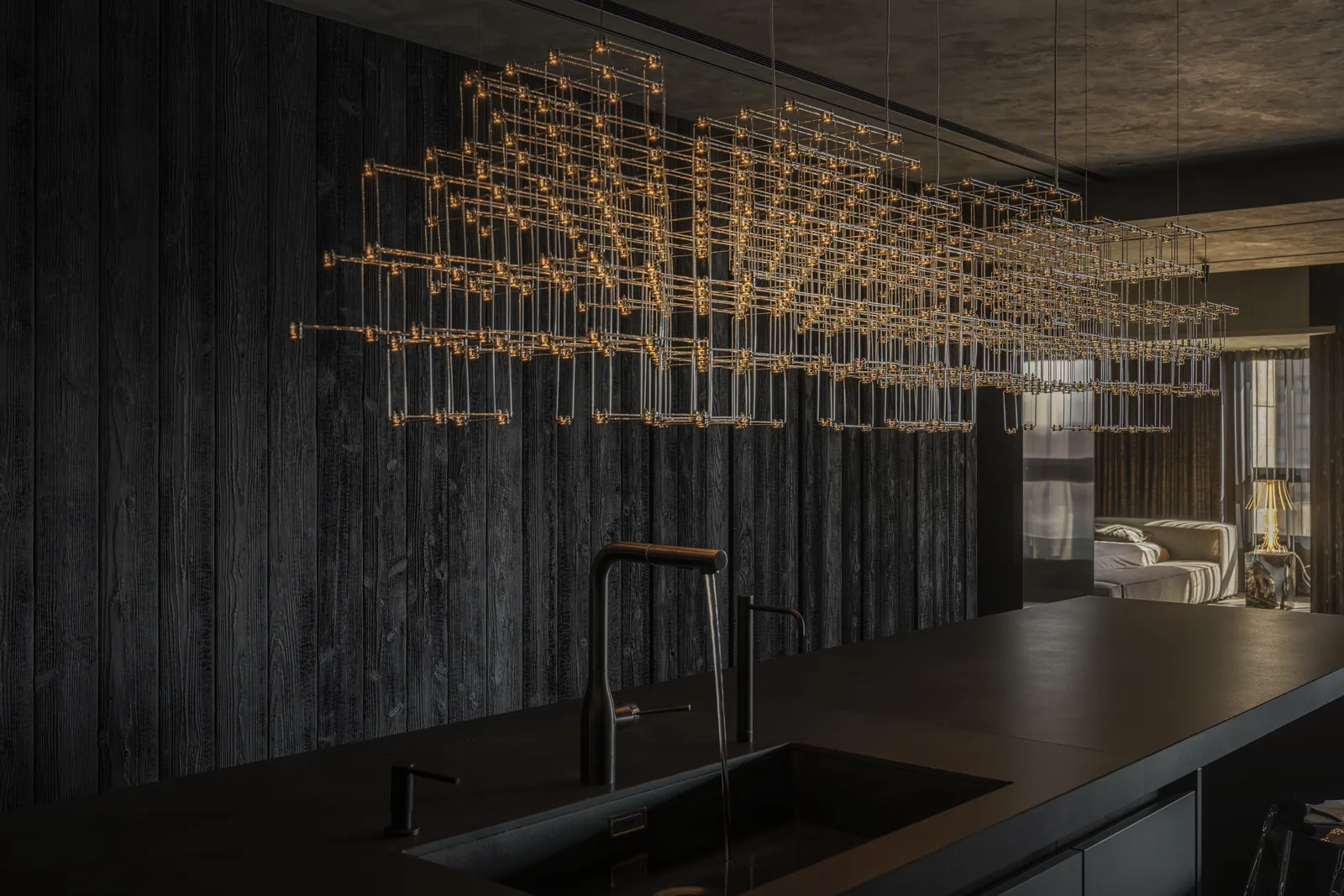 Quasar light sculpture above a kitchen island: this project has Pollux 4 and Parkes.