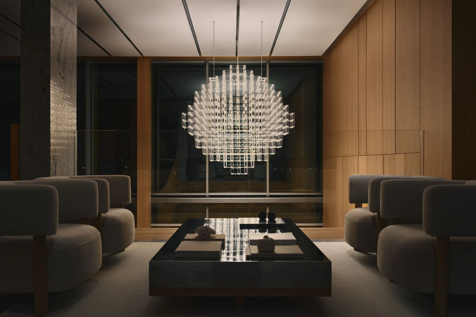 Quasar Pixel Sphere pendant in a living room with wood panelling in the evening