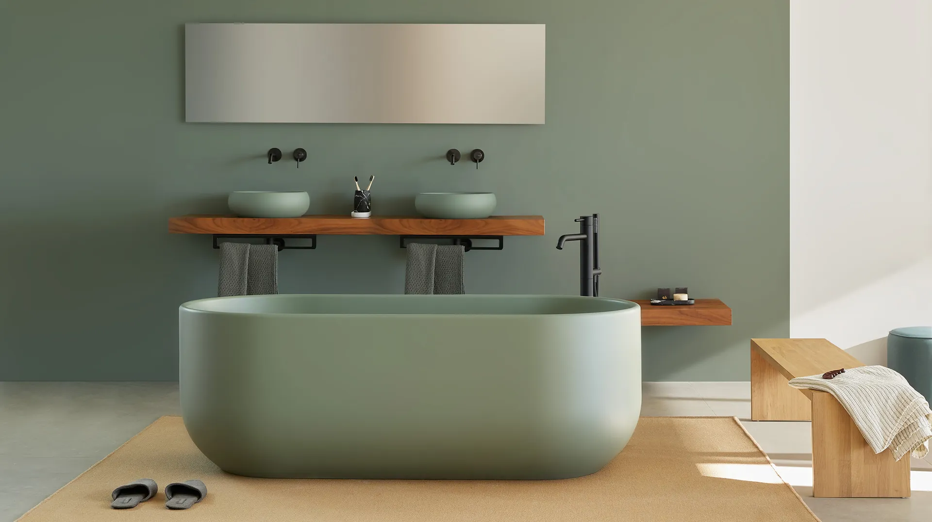 Bañera verde y lavabos a juego con la pared