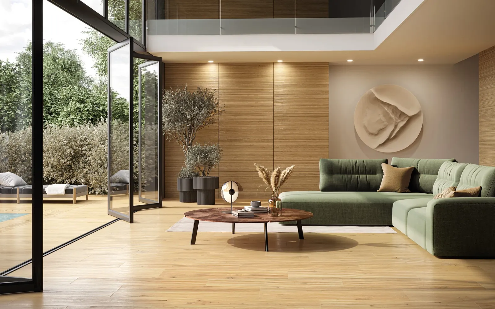 Salón con suelo porcelánico efecto madera abierto a la terraza.