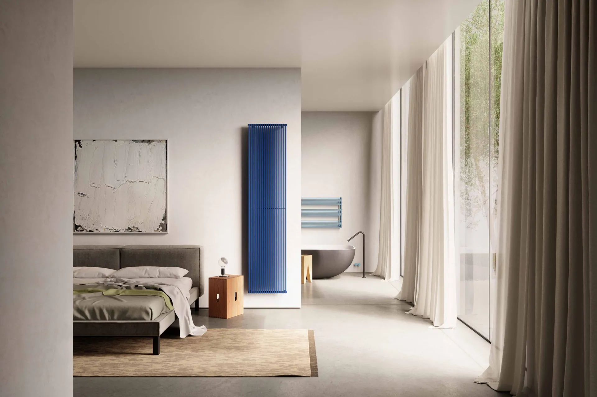 Radiador vertical azul Kubik en un dormitorio