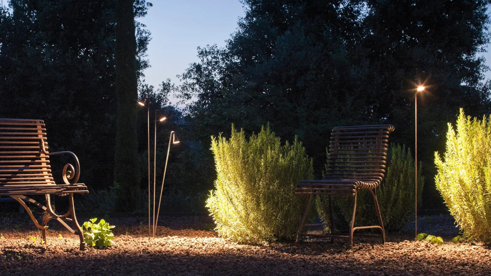 Brisa outdoor lights illuminate shrubs in an evening garden.