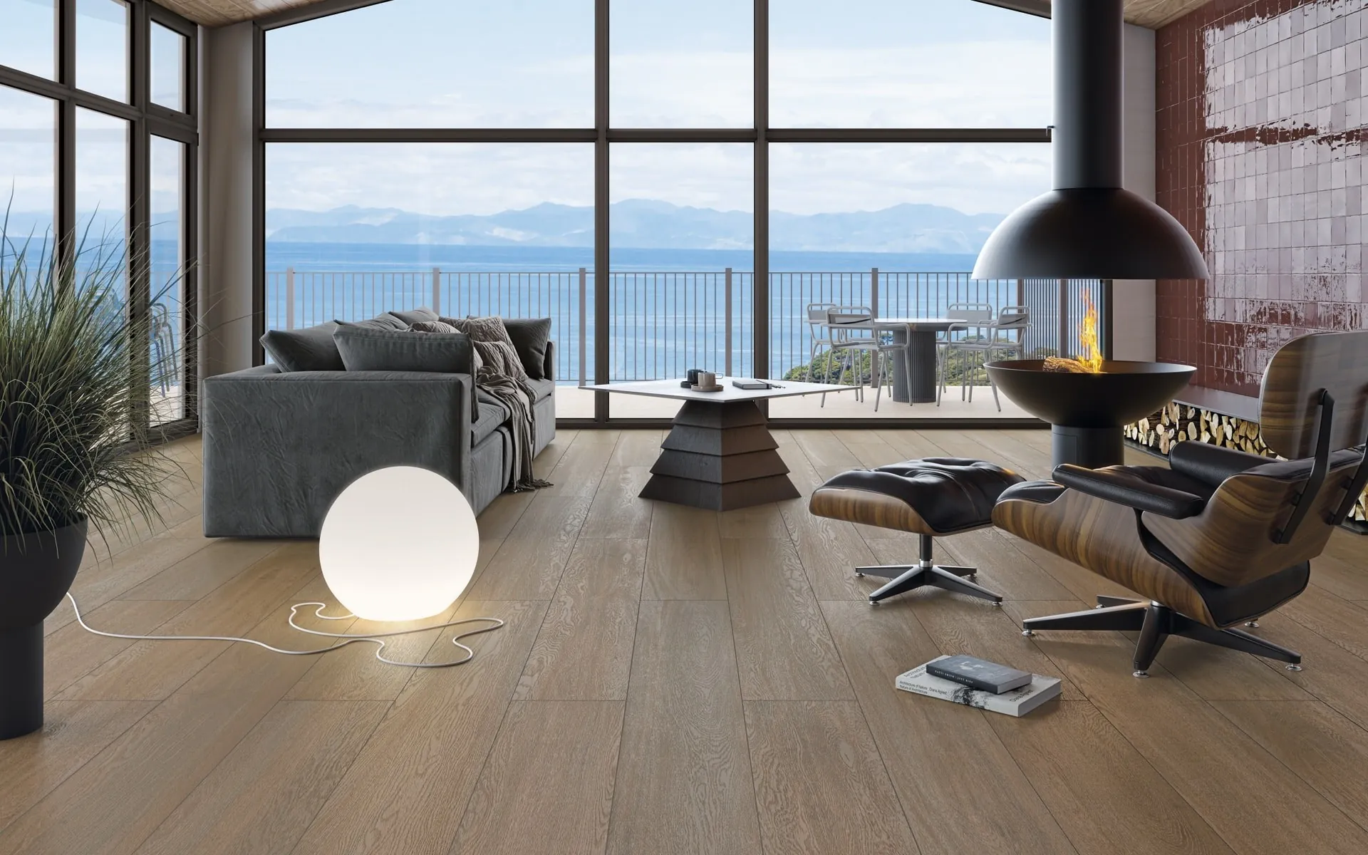 Salón con suelo de porcelánico imitación madera Lignum de Vives